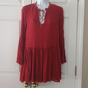 Vintage Havana Burgundy mini dress Bohemian ruffle Eyelet Small Vneck Flutter